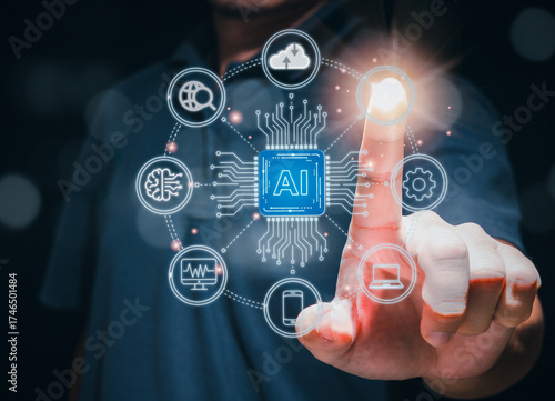 Futuristic AI Interaction: A Man Using Artificial Intelligence Technology to Communicate with a Smart Robot Through a Glowing Command Interface, Symbolizing the Next Era of Digital Transformation.