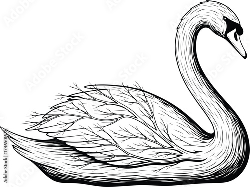 Elegant Black and White Illustration of a Swan with Intricate Branch-like Feather Details Keywords: swan, bird, waterfowl, elegant, graceful, majestic, nature, wildlife, illustration, black and