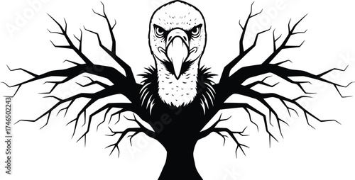 Intense black and white illustration of a vulture's head with outstretched wings resembling bare tree branches