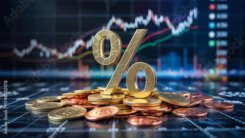Golden percentage sign on pile of coins with stock market chart background