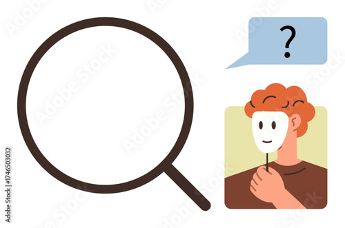 Magnifying glass and individual with a mask beside a question mark. Ideal for themes thumbs up identity, investigation, mystery, transparency, self-discovery, concealment, curiosity. A simple flat