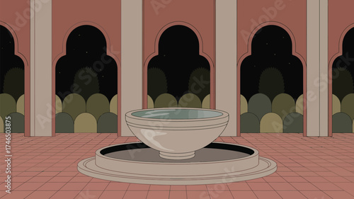 A symmetrical illustration of a courtyard with a fountain and arched openings at night time