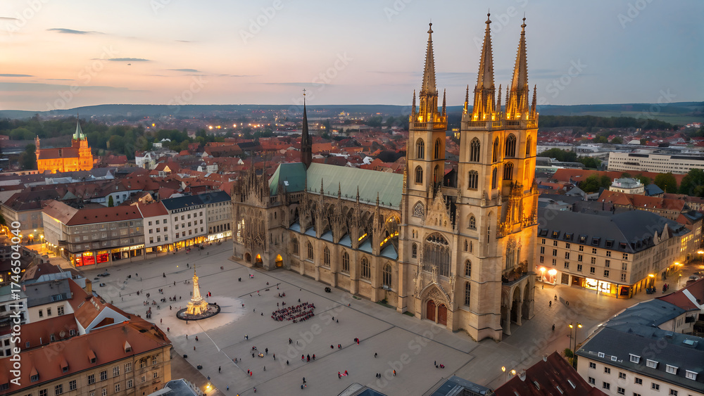 Fototapeta premium Aerial View of Milan Duomo Cathedral and Illuminated Cityscape at Dusk