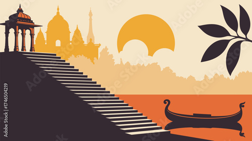 A stylized illustration of a temple with stairs leading to a river with a boat and a sunset view