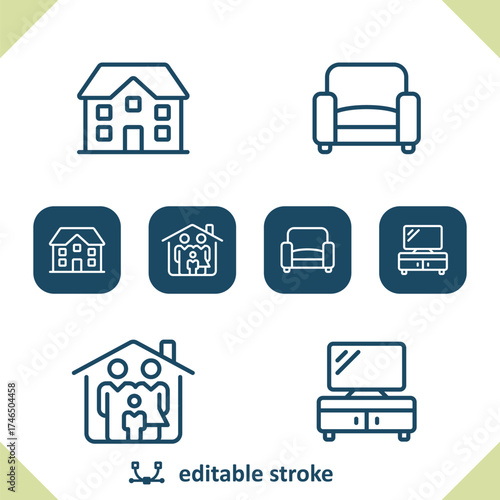 Home Icons. House, Armchair, Family, Household, TV Stand, Real Estate Icon