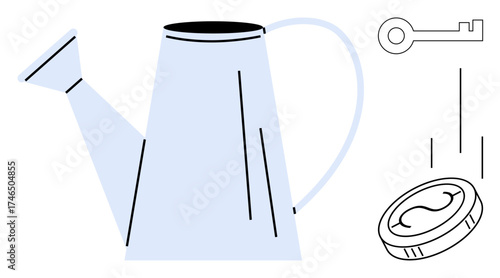 Watering can, key, and falling coin symbolizing investment, solutions, and savings. Ideal for finance, investment, growth opportunity success planning education. Simple flat metaphor