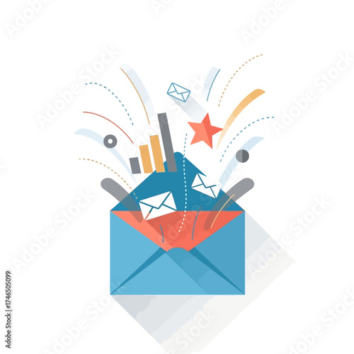 An open blue envelope with various elements bursting out, representing communication and data.