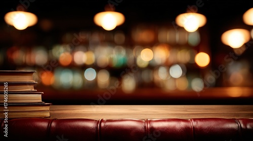 Stack of vintage books rests on a wooden counter in a dimly lit bar with warm bokeh lights creating an inviting atmosphere of relaxation and knowledge.