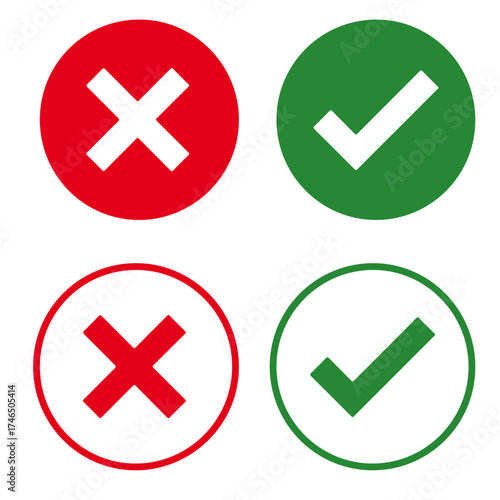 Green Check Mark Emoji Icon, Approval Button Sign with Tick and Cross Symbols - Vector