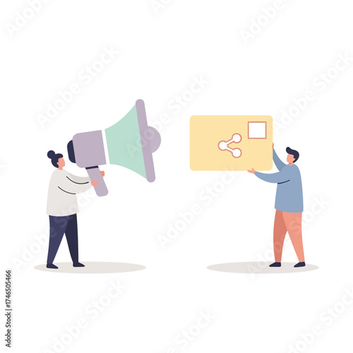 Vector illustration of two people with a megaphone and a share icon, symbolizing marketing and communication.