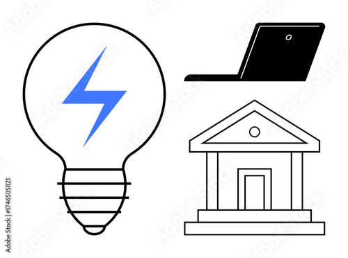 Lightbulb with energy bolt, laptop, and a classical building outline symbolizing innovation, technology, energy, and institutional progress. Ideal for education, technology, energy finance