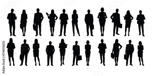 silhouette of business people. silhouette of large group of people front view. Silhouettes of diverse people standing. Group of silhouettes showing various poses