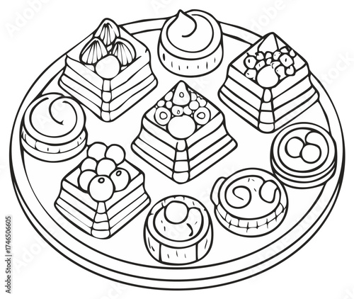 Coloring book page with an assortment of sweet desserts, cakes, and pastries on a serving platter