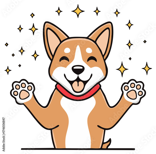 Joyful Cartoon Dog Celebrating with Paws Up and Sparkles, a Fun Vector Illustration