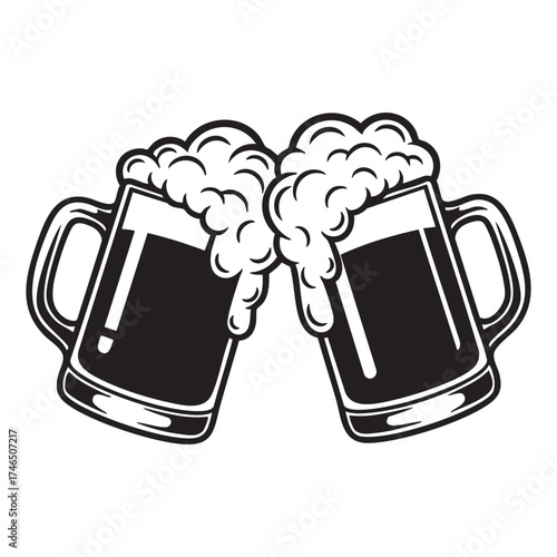 Two frothy beer mugs clinking together celebratory toasting glasses cheers party festive beverage drinks