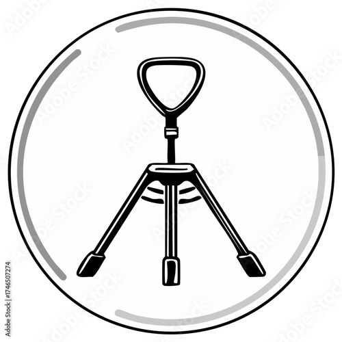 Graphic icon of a minimalist black and white tripod with a triangular top inside a thin circle border