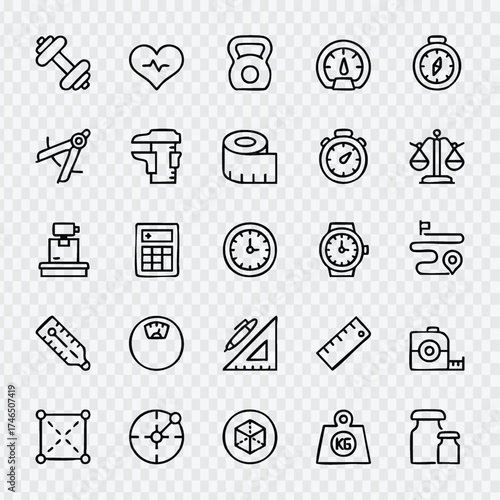  set of doodle icons for web and vector design, including symbols for technology, business, social media, communication, and office essentials