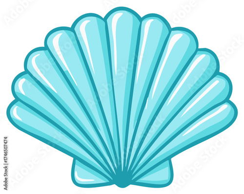 Stylized Seashell Illustration, Light Blue Clam Shell with Dark Blue Outline