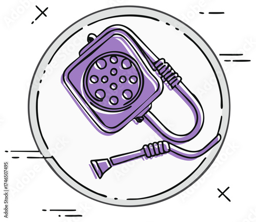 Illustration of a vintage telephone, purple and outlined design, inside a circle