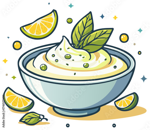 Cartoon illustration of a creamy dip with lime wedges and fresh herbs