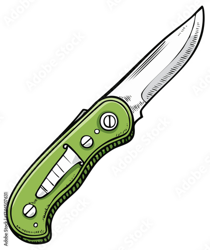 Green folding pocket knife, stainless steel blade, outdoor tool, utility knife, cartoon illustration