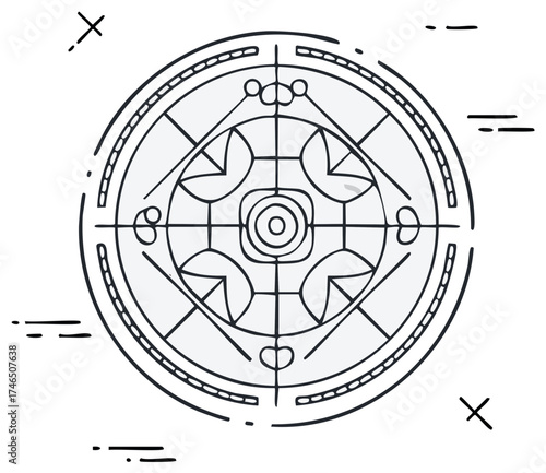 Circular Mystic Sigil Illustration with Geometric Shapes and Line Art Style