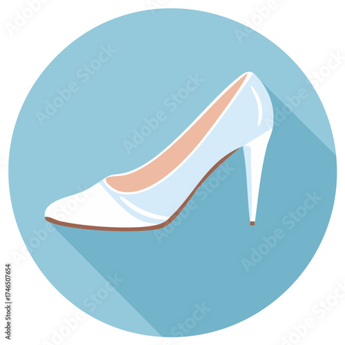 Elegant White High Heel Shoe in Flat Vector Style on a Light Blue Circle