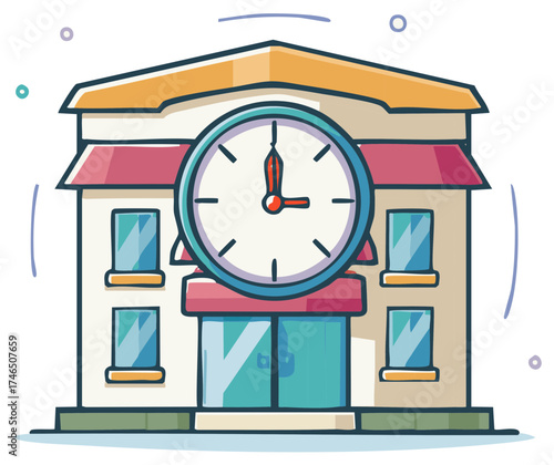 Building with a large clock facade cartoon illustration