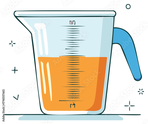 Illustration of a glass measuring beaker with orange liquid and blue handle