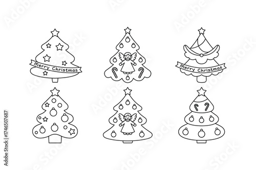 Six line art Christmas tree designs are simple festive decorations ideal for holiday greetings, crafts in stylized artwork, various creative projects, invitations to digital graphics, and printables. 