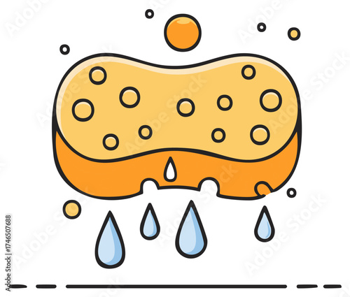 Wet yellow sponge with water droplets and bubbles in a cartoonish illustration