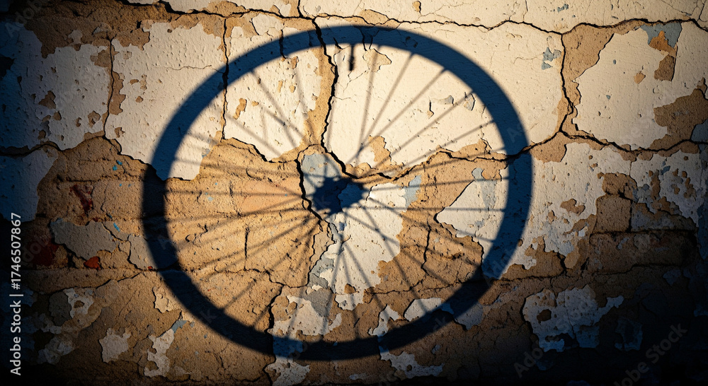 Fototapeta premium Transportation Relic Bicycle Wheel Shadow on Wall
