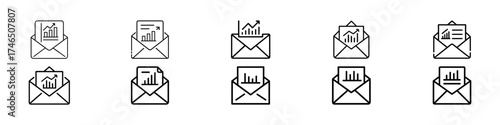  Email Reports and Analytics Line Icons Vector Set – Newsletter Stats, KPI by Email, Email Analytics Line Icons – Report, Newsletter, Chart, KPI