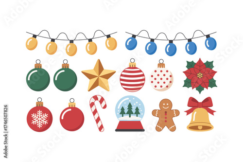 Festive collection of twelve minimalist Christmas icons featuring ornaments, lights, bells, gingerbread cookies, and snow globes for holiday design. Ideal for seasonal greeting cards, website 