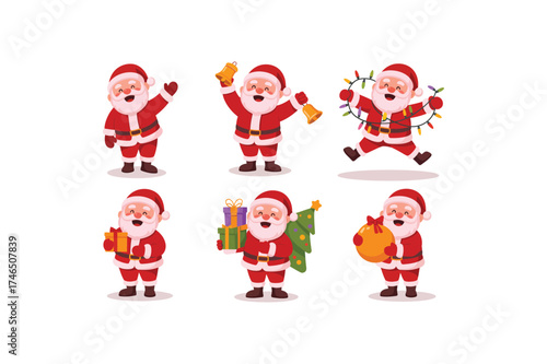 Charming Santa Claus icons collection: festive Christmas characters set for holiday design and joyful seasonal graphics. Their classic red suit and jolly expressions evoke the spirit of Christmas.