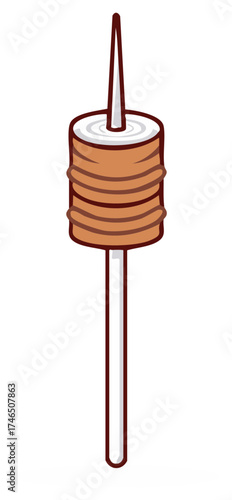 Illustrated food skewer with spiral meat layers and sharp tip