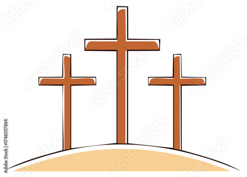 Three Simple Wooden Crosses Standing on a Hilltop