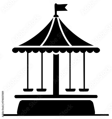 Black silhouette icon of a swing carousel ride with flag festive carnival amusement park attraction