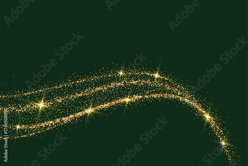 Luxury Gold Glitter Wave Vector on Dark Green Background - Sparkling Dust Trail

