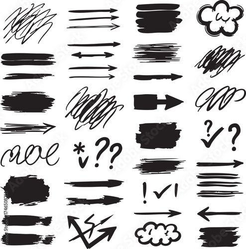Collection of hand drawn black brush stroke elements and symbols