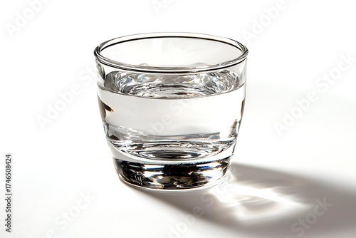 Clear liquid filled in a transparent glass casting a shadow and light reflections
