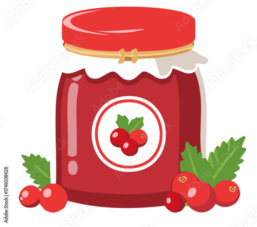 Jar of Homemade Cranberry Jam with Fresh Berries and Green Leaves Illustration