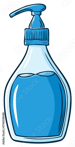 Cartoon illustration of blue liquid soap dispenser with pump for hygiene