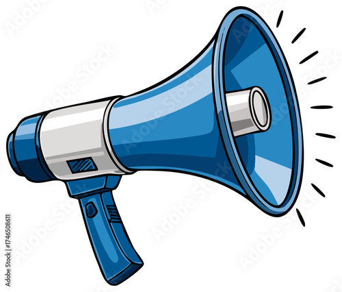 Blue and white cartoon megaphone illustration with stylized sound lines for communication, promotion or announcement themes.