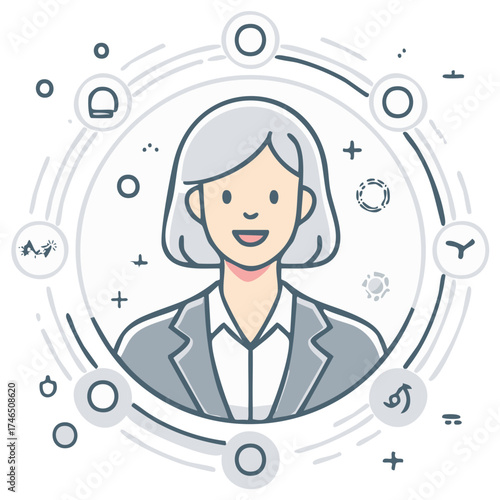Businesswoman surrounded by icons representing diverse skills and opportunities in a flat design style