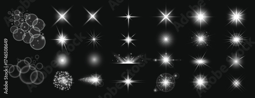 Set of Starburst, Lens Flare, and Light Effect Vector Overlays on Black


