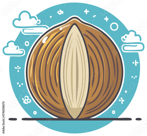 Illustration of Opened Nut Against Teal Blue Circle with Clouds and Graphic Elements