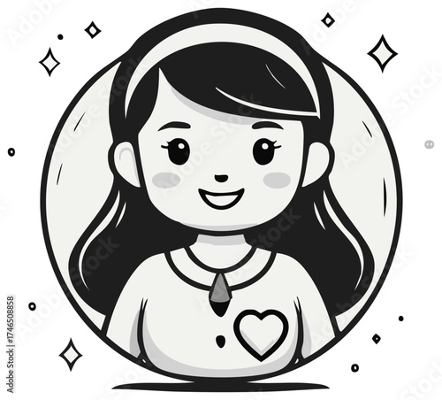 Girl character illustration with black hair and a heart on her shirt inside of a circle frame. A cartoon of a girl with a cute smile.