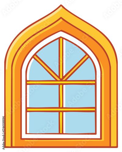 Illustration of ornate arched window with orange frame and pale blue panes design element