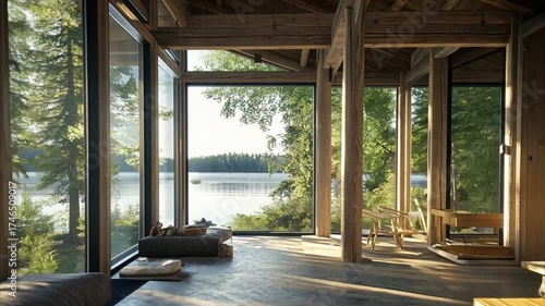 Rustic lakefront cabin interior